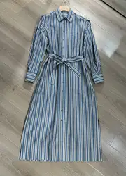 Women's Long Sleeved Shirt Dress High-quality Beading Striped Lace-Up Waist Long Skirt Casual Versatile  B*C