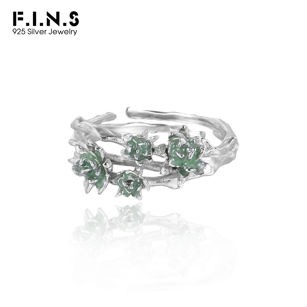 

F.I.N.S Original Jasmine S925 Sterling Silver Rings Temperament Layered Hollow Green Flower Open Adjustable Mid Finger Jewelry