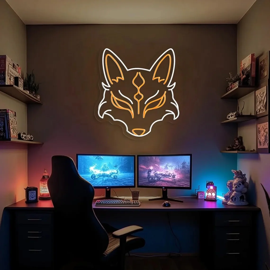 Maska Kitsune Neon Japoński Duch Lisa LED Dekoracja Ścienna Neonowy Znak Lis Neonowy Znak Anime Dekoracja Pokoju Neonowy Znak