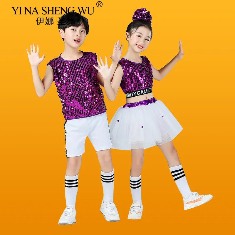 Kinder Jazz Dance Kostüm Jungen und Mädchen Kindertag Pailletten Anzüge Hip-Hop Modern Street Dance Bühnenkleidung