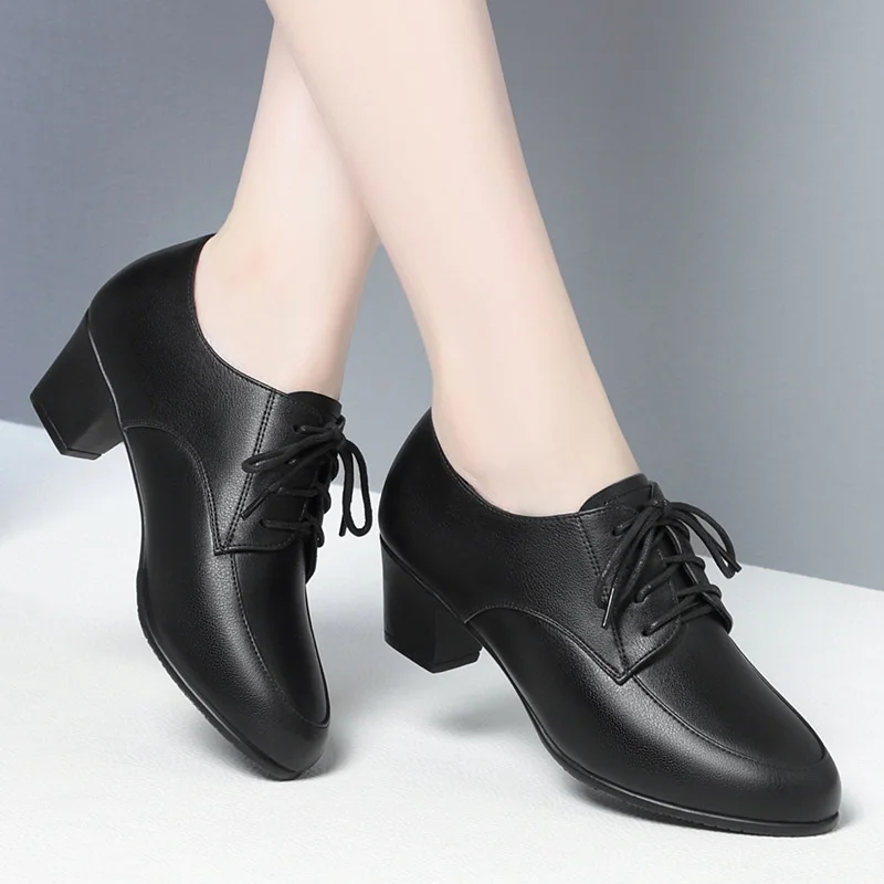 Women Work Shoes  Black Lace Up Middle Heel Leather Shoes Spring Autumn Soft Soles Breathable Comfortable Single Shoes