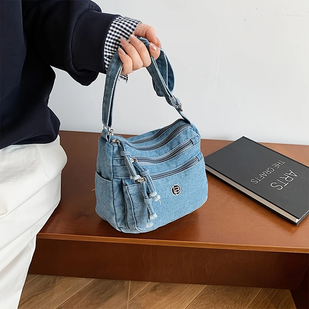 

Винтажная джинсовая сумка с множеством карманов, легкая сумка через плечо с несколькими молниями для ежедневных поездок и повседневных прогулок