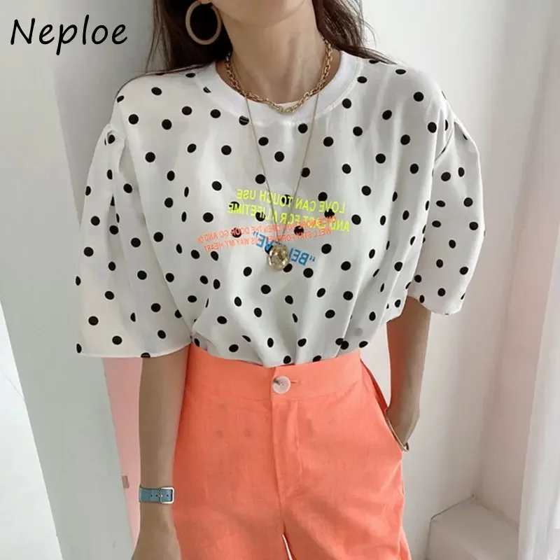 Neploe Loose Polka Dot Short Sleeve T-Shirts 2024 Summer Femme Korean Chic Simple Niche Versatile Round Neck Letter Print Tees