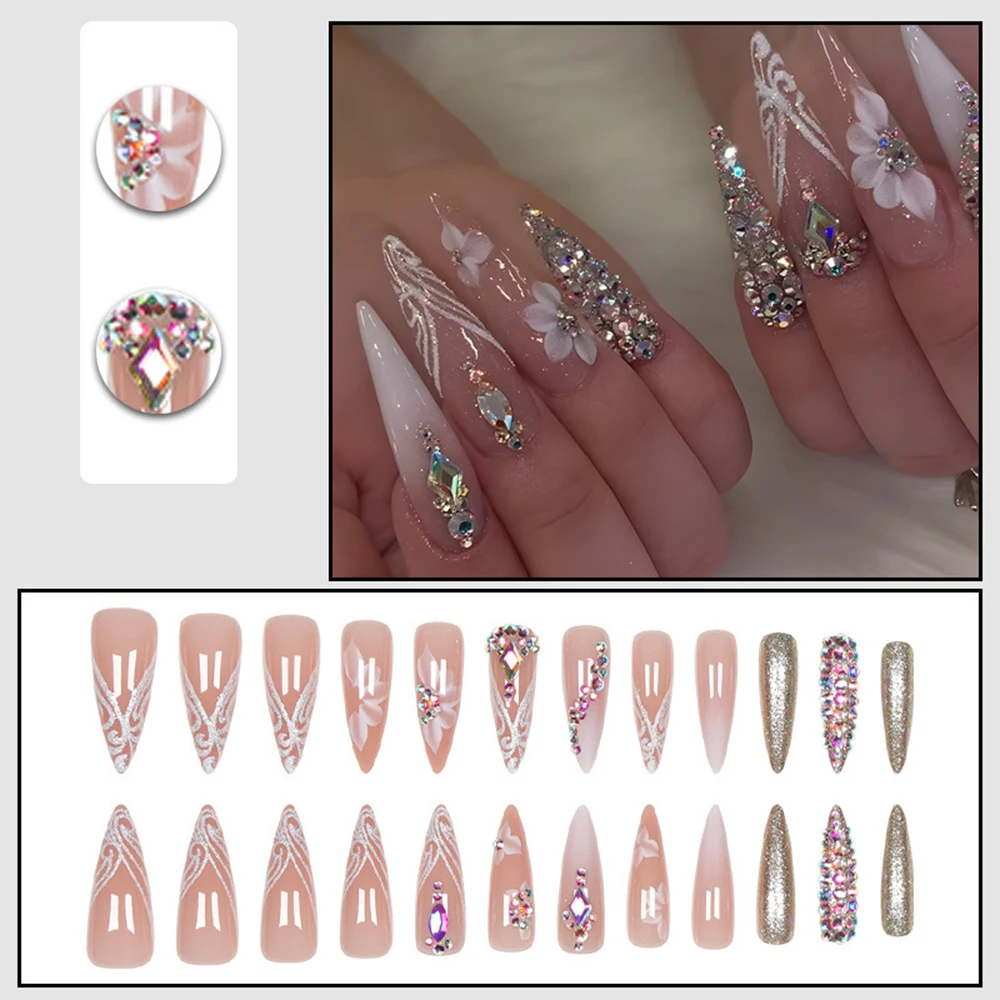 

24Pcs/Set Glue Natural Long Wearable Nails with Rhinestones Hot Girl Almond Nude Fake Nail Full Cover Nail Finished Product