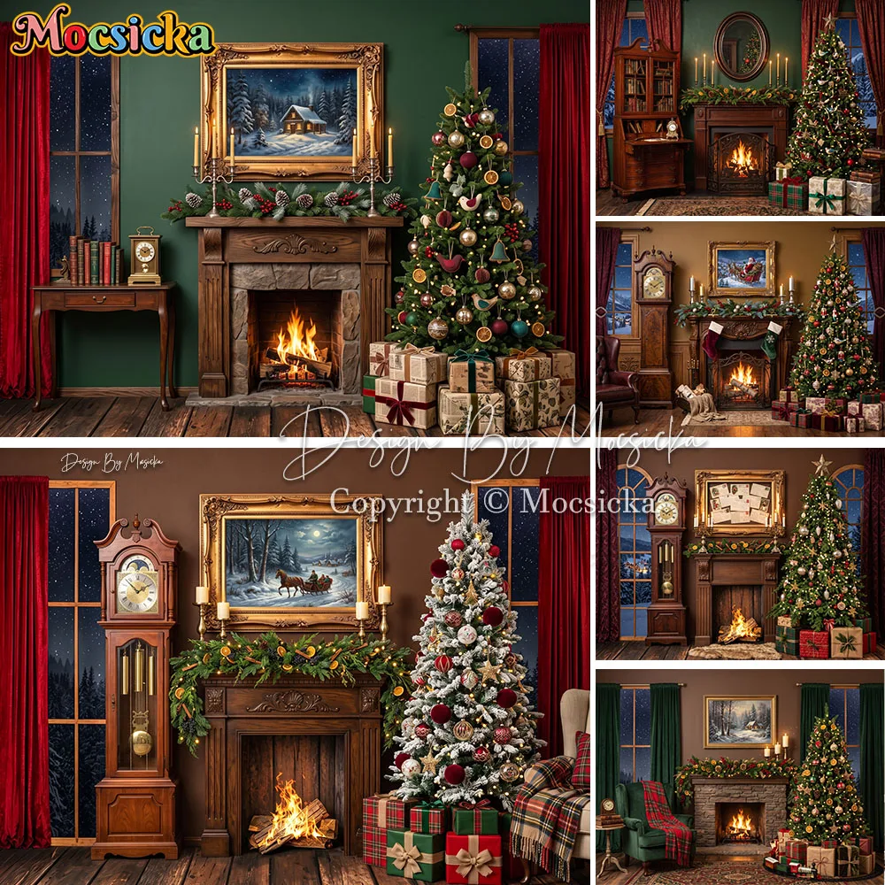 Mocsicka Christmas Fireplace Backdrop Photography Xmas Night Clock Gift Window Snowy Scene Background Family Kids Photo Studio