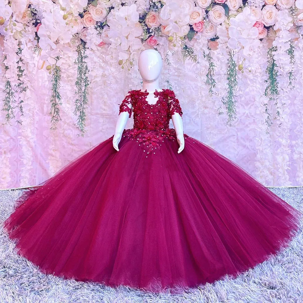 

Appliqued Flower Girl Dresses Flowers Beauty Pageant Dress First Birthday Party Dress Short Sleeves