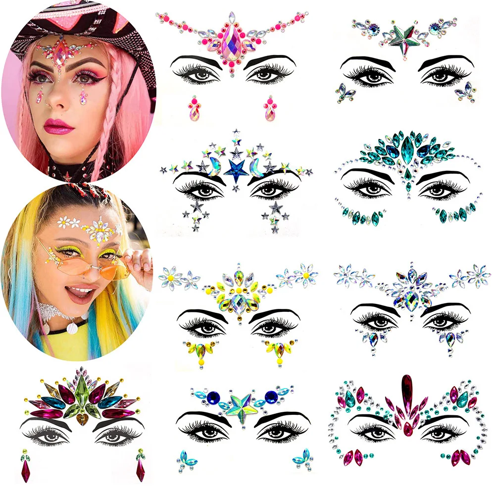 Temporary Crystal Face Stickers, Face Jewels, Rave Eyes, Body, Gems, Rhinestones, Decor, Festival Party, 5 Sets