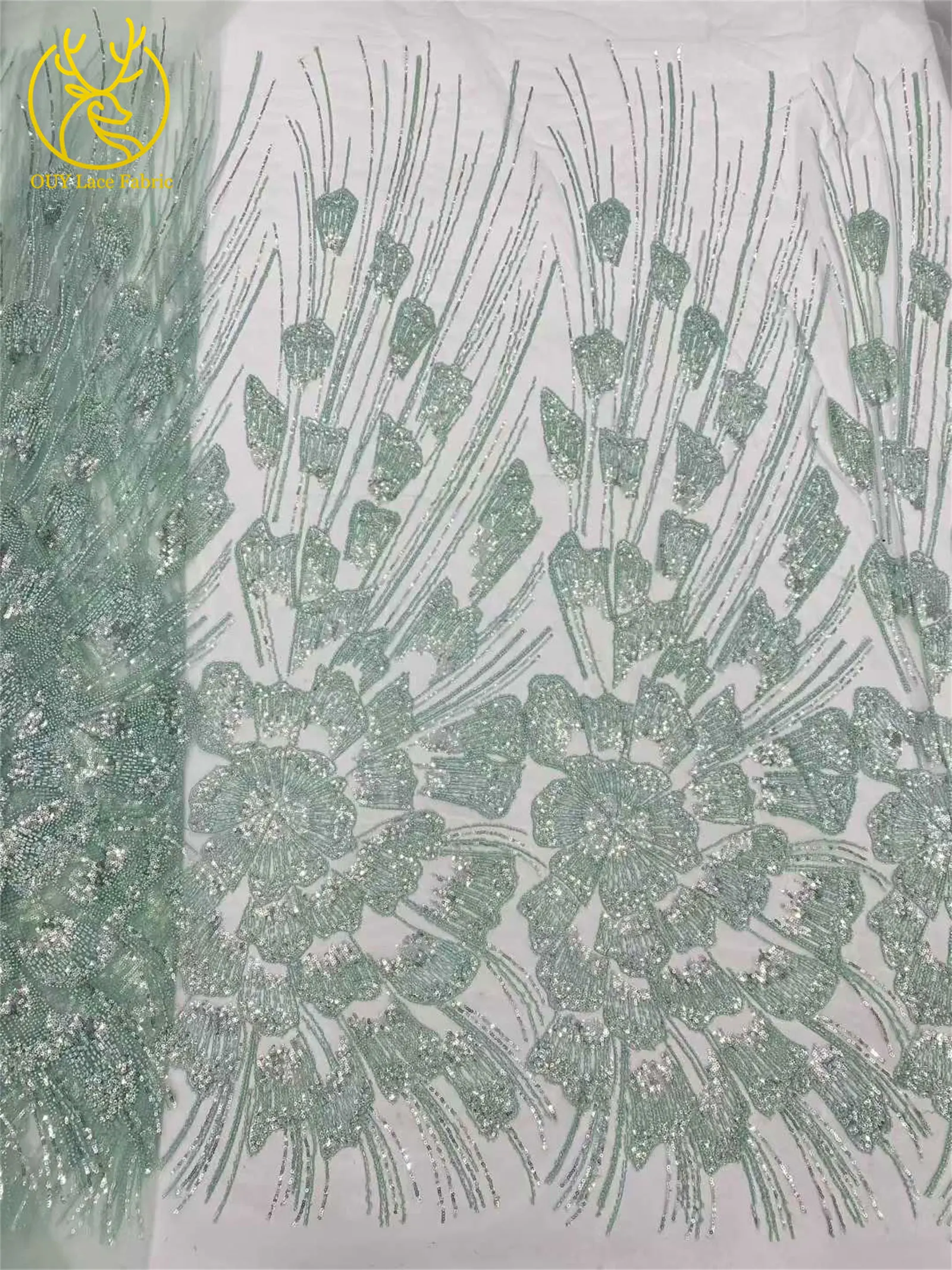 Luxuriöser Afrikanischer Pailletten-Perlen-Spitzenstoff 5 Yards Französischer Nigerianischer Tüll-Spitzenstoff Geeignet für Hochzeiten und Näharbeiten – Detail 5