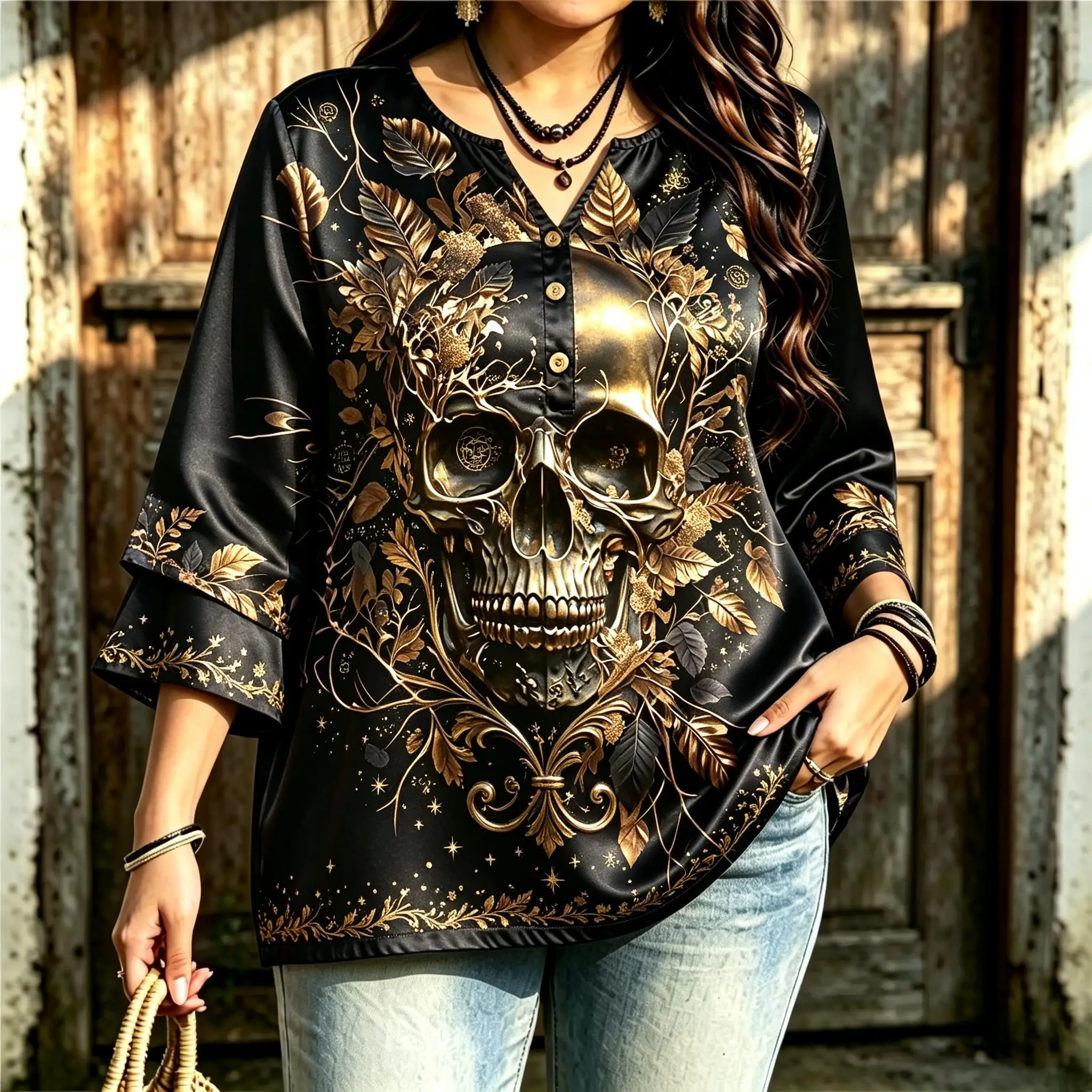 Women Notched Henley Neck 3/4 Sleeve Blouse Gothic Skull Floral Raven Full Moon Dark Botanical Halloween Graphic Tops