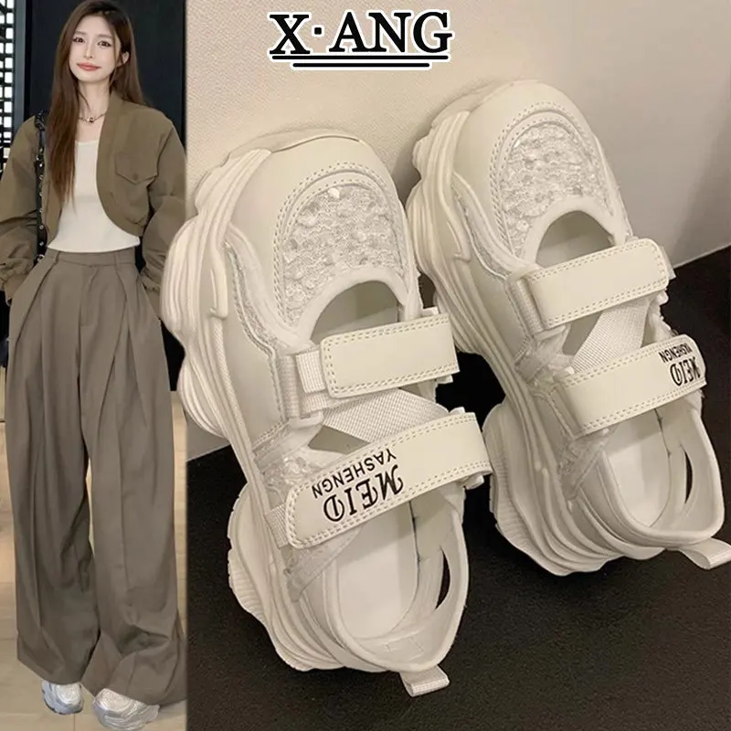 Baotou Sports Sandals Ladies 2024 Summer New Hollow Breathable Thick Sole Increase Leisure Daddy Shoes