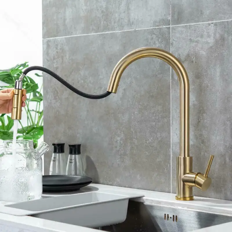 Brushed Gold Touch Kitchen Faucets 304 Stainless Steel Hot Cold Pull Out Kitchen Sink Mixer Tap Smart Touch on Kitchen Faucet