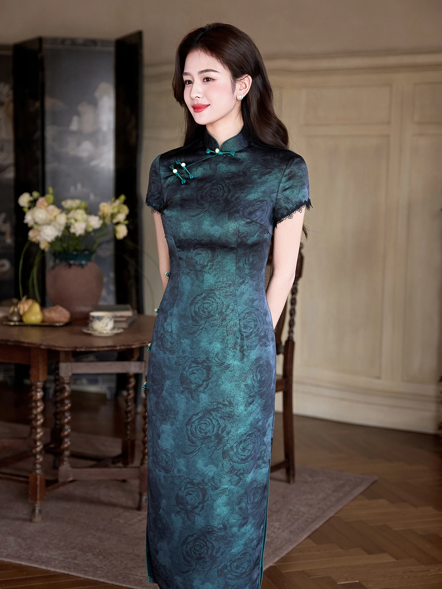 

Revised Traditional Chinese Women's Deep Green Waist-Cinching Long Skirt Young Style Vintage Flared Sleeve Short Sl...