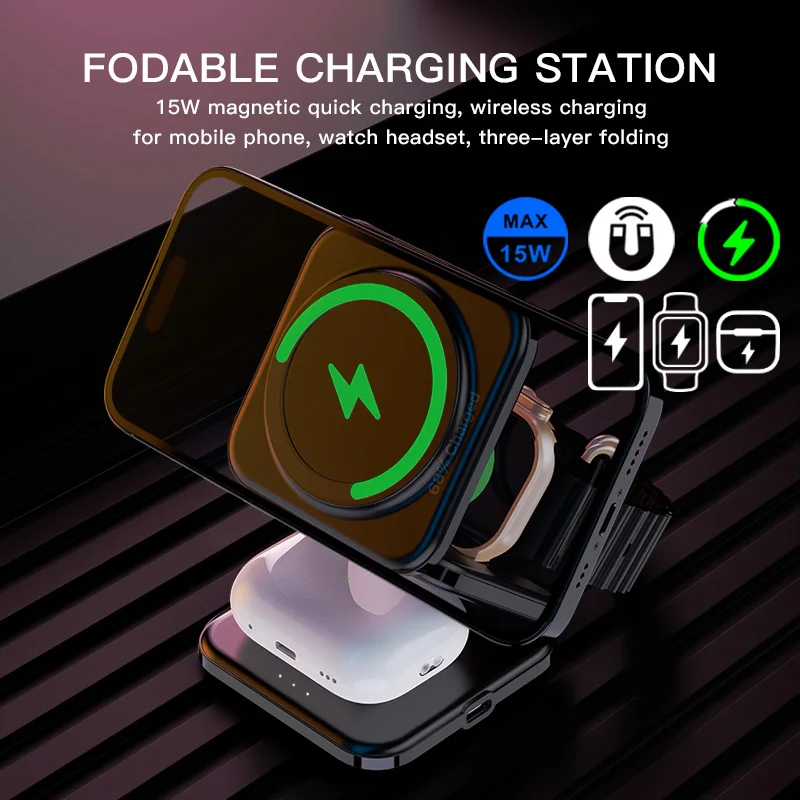 3-in-1 Foldable Charging Station 15W Magnetic Wireless Charger with Adjustable Angles