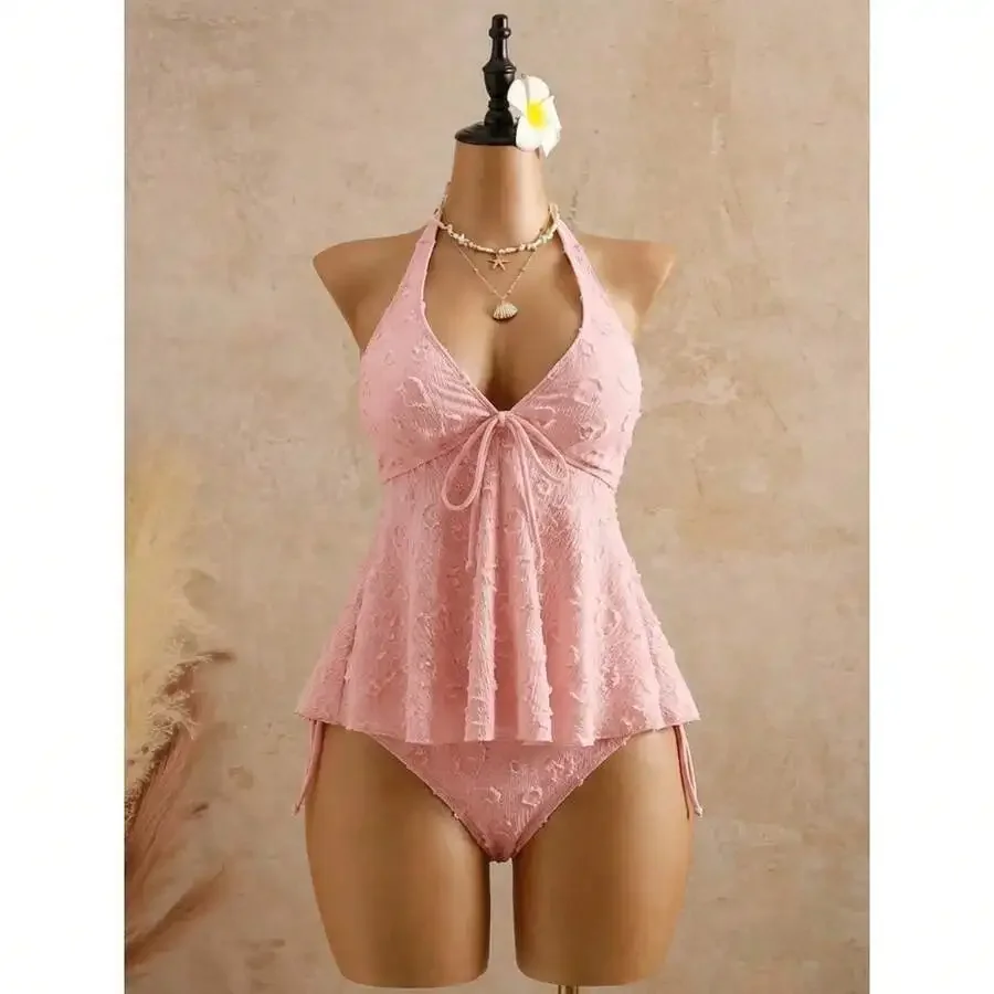Womens Pink Lace Halter Tankini Set Stylish Two Piece Swimsuit For Beach Pool Vacation