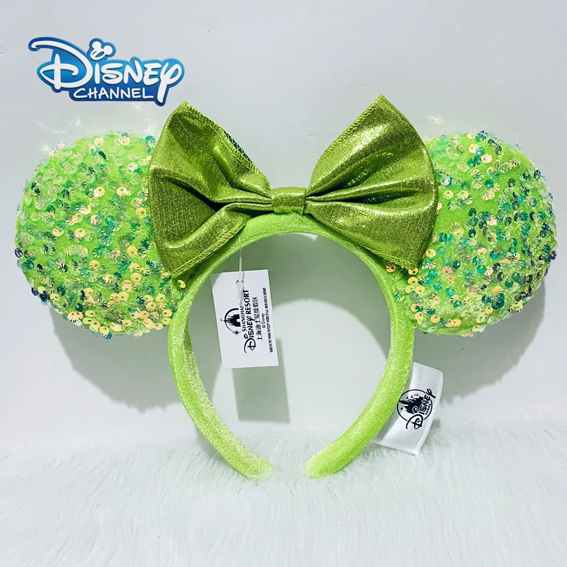 Diadema de orejas de Mickey y Minnie para adultos, diadema de lentejuelas de concha transparente, accesorios de Minnie Park, suave, felpa verde de