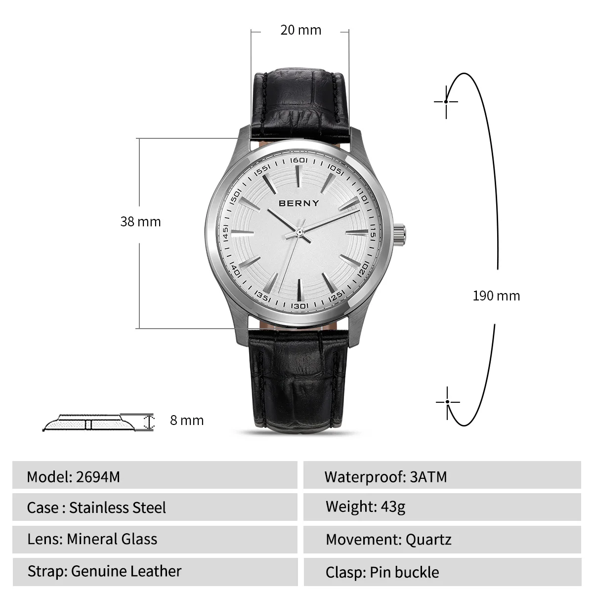 BERNY Business Watch for Men Leather Strap Fashion Quartz Wristwatch Luxury Men Watches Waterproof  Reloj Hombre Casual Watches