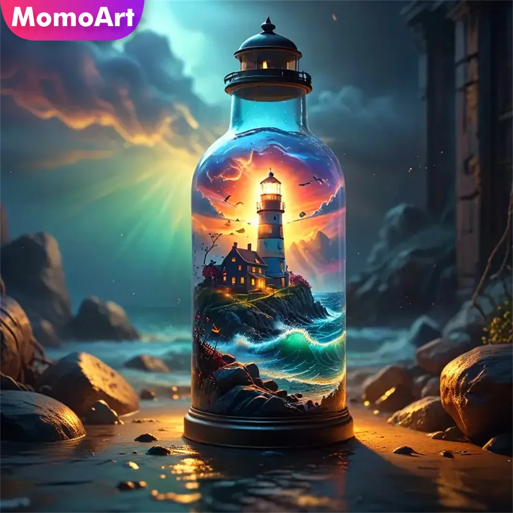 Momoart Neue Ankunft Diamant Malerei Leuchtturm Haus Landschaft Flasche DIY Mosaik Meer Bild Strass Handgemachtes Geschenk
