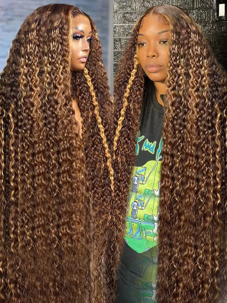 4/27 Brown Colored Swiss Lace Water Wave Wig Pre Plucked With Baby Hair 250% Density 30 36 Inches Highlight Bouncy Curly Wig 13X4 Transparent Lace Frontal Human Hair Wigs Brazilian Deep Wave Lace Front Human Hair Wigs For Women