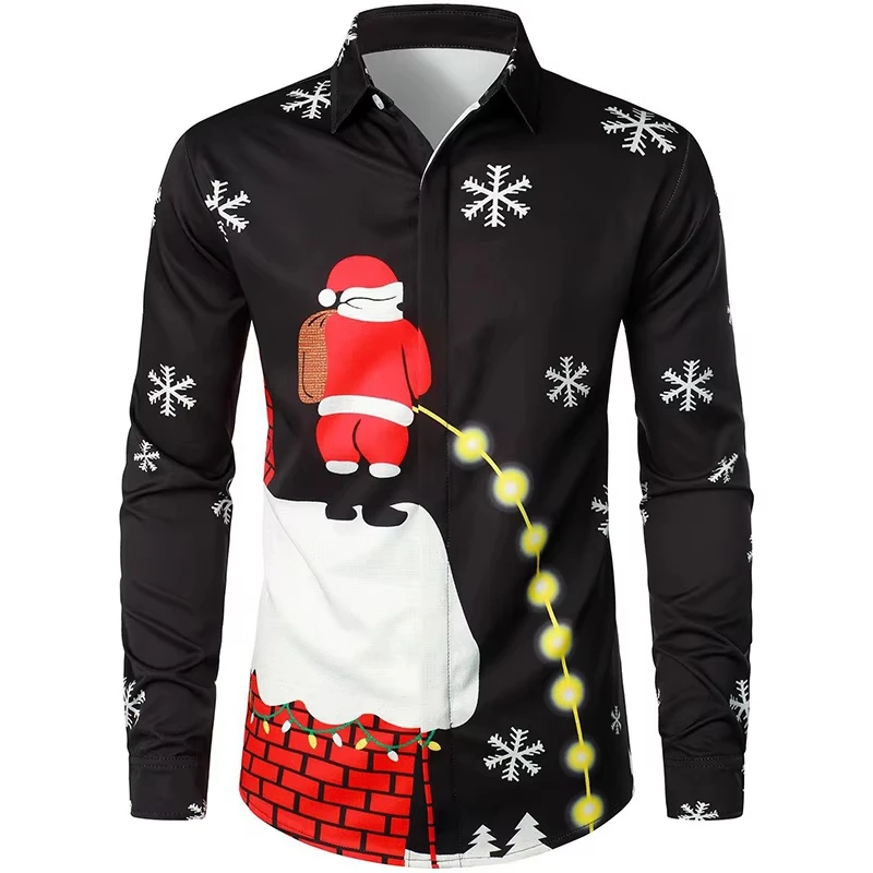 2025 Men's Fashion Retro Santa 3D Print Shirt Long Sleeve Y2K Style Vintage Christmas Party Wear Comfort Fit