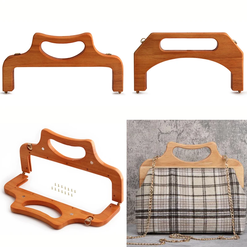 1PC Vintage Solid Wood Handle Tote Bag Handmade Sewing Accessories Crossbody Bag Woven Bag Handle Kiss Lock Clutch Wallet Frame