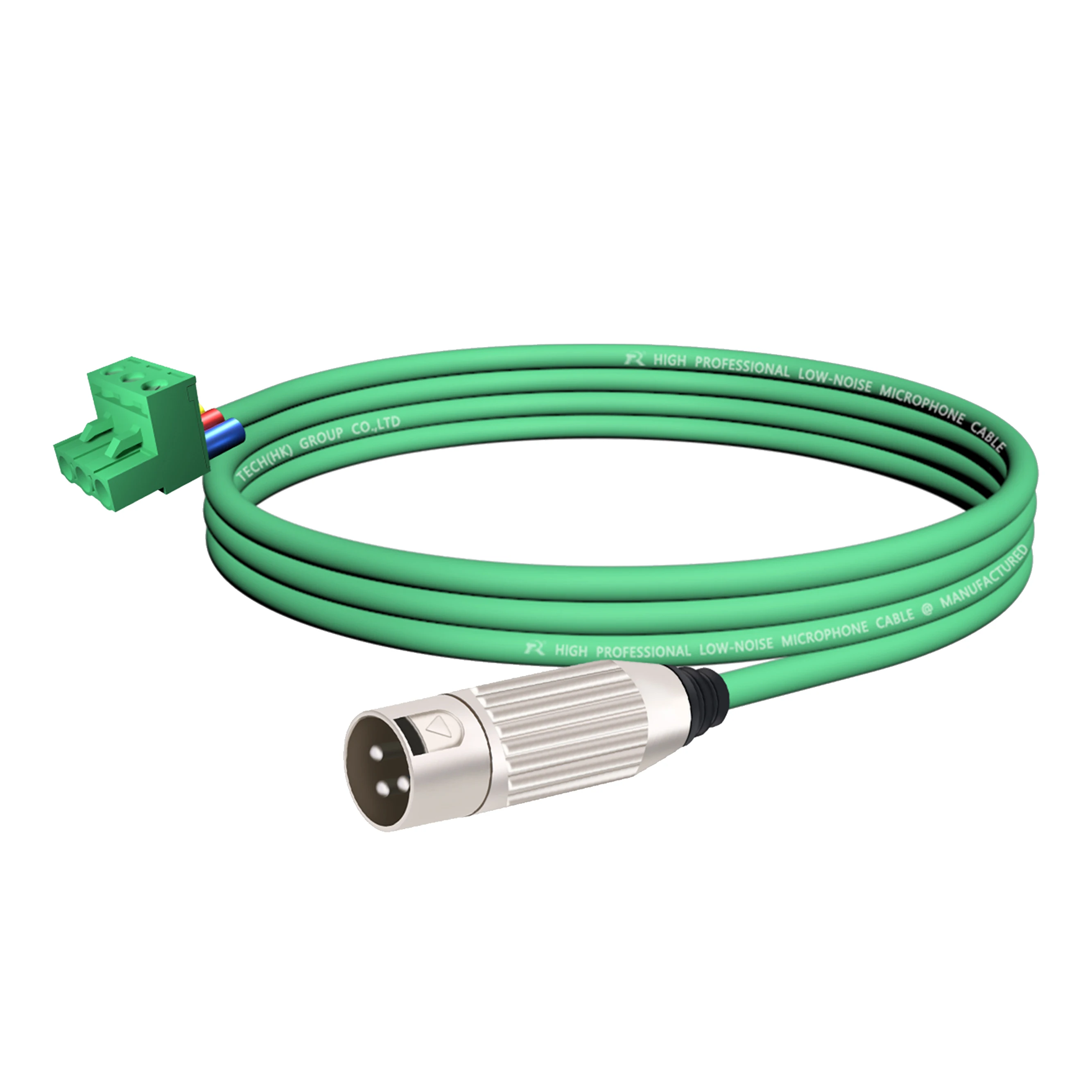 3-poliger Phoenix-Stecker, verbunden mit einem versilberten XLR 3-poligen Stecker, farbcodiertes Kabel, geeignet für professionelle Audiogeräte. – Detail 5