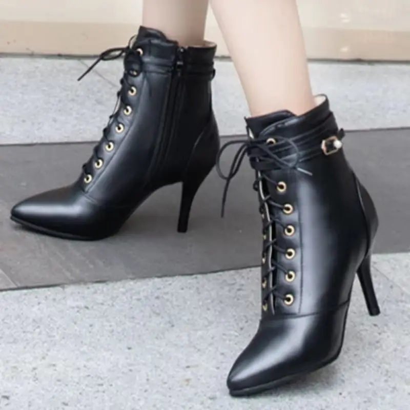 Fashion Women's Ankle Boots Casual Lace-up Apricot PU Leather Short Boot Point Toe Heels Dance Party Shoes Female Large Size 48