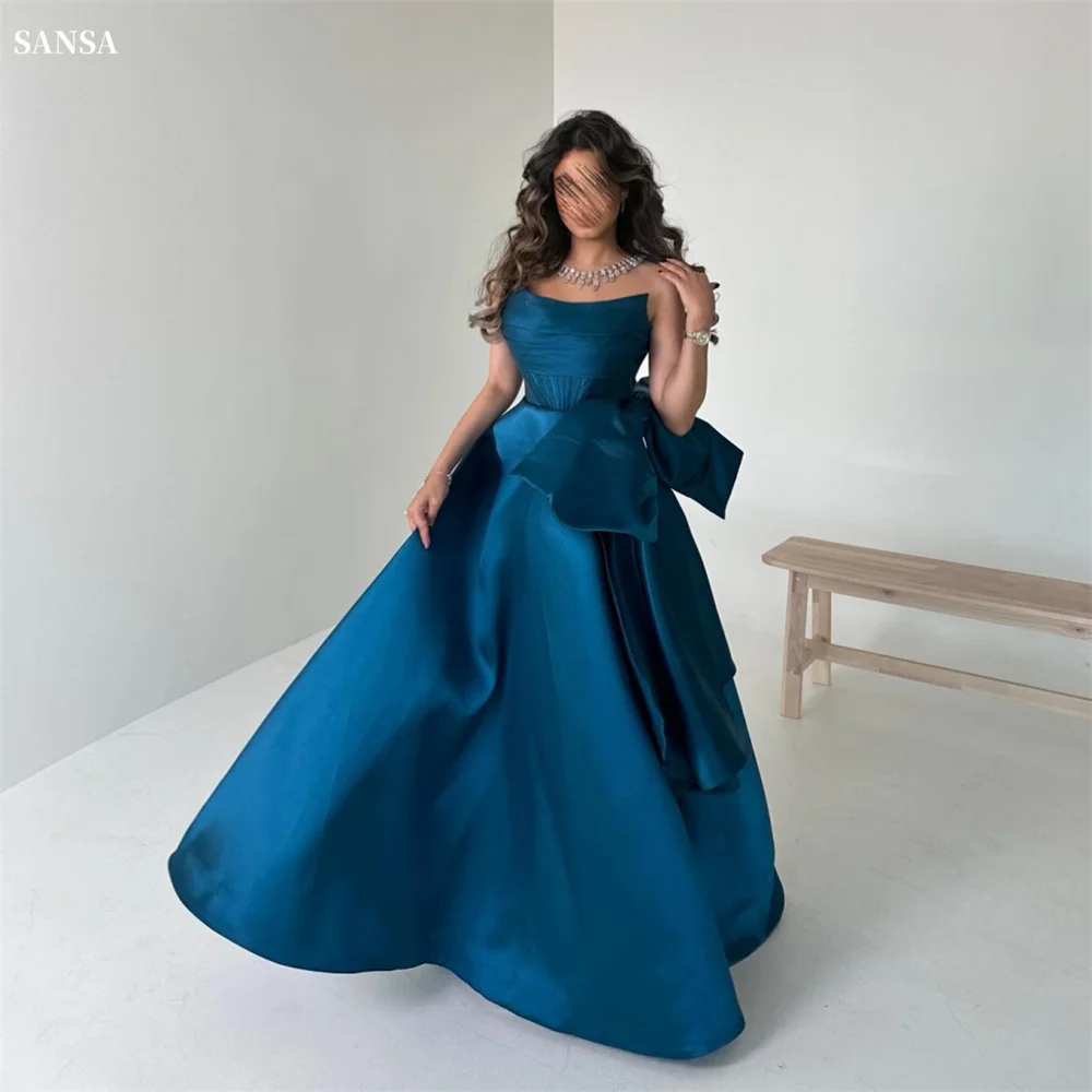 Sansa Elegant Sapphire Blue Strapless Party Dresses Square Collar A-line Bow Vestidos de fiesta Satin Floor-Length فساتين سهرة