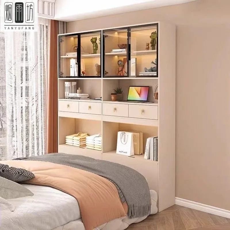 Multifunctional bedside cabinet Solid wood storage cabinet Bedroom bedside cabinet Crack glass door Locker Cream wind