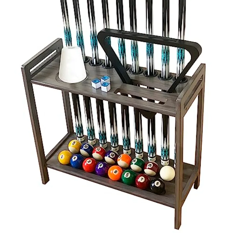 

Pool Stick Holder Floor Stand Holds 9 Cues Accessories Wooden 2-Tier Storage with Ball Rack Hangers Billiard Cone Chalk Holder