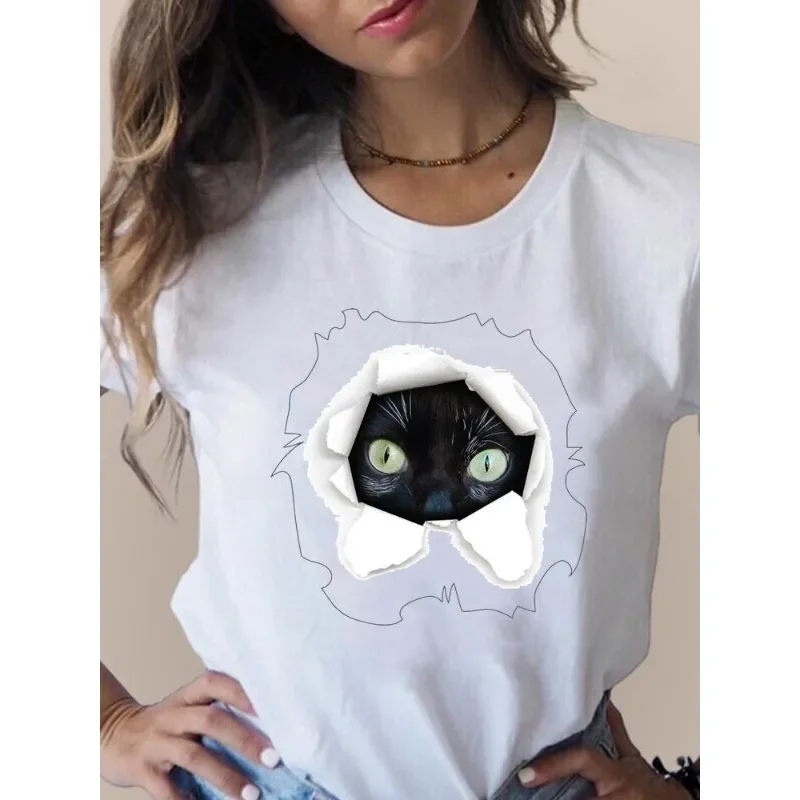 Europe United States Interesting Cat Print Pattern Round Neck Short-sleeved T-shirt Blouse Tops Summer polyester fabric