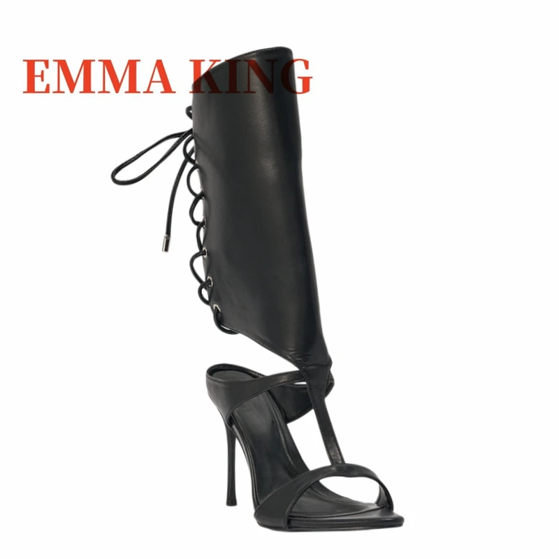 Women's Black Lace-up Stiletto Gladiator Sandal Open Pointed-toe High Heel Mid Calf Boots Ladies Big Size Back Strappy Sandals
