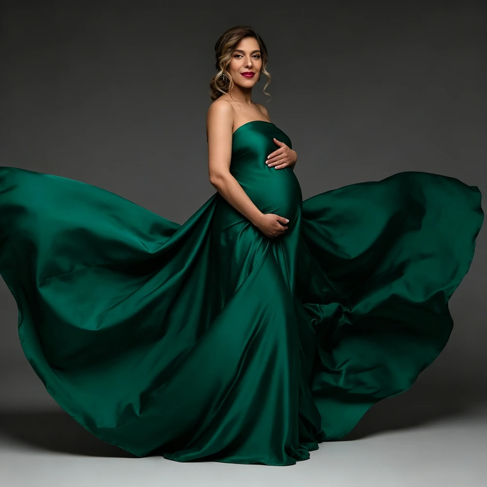 4M Flying Maternity Photography Props Silk Satin Throwing Fabric Pregnant Photo Shoot Studio Accessories Emerald Green Dress