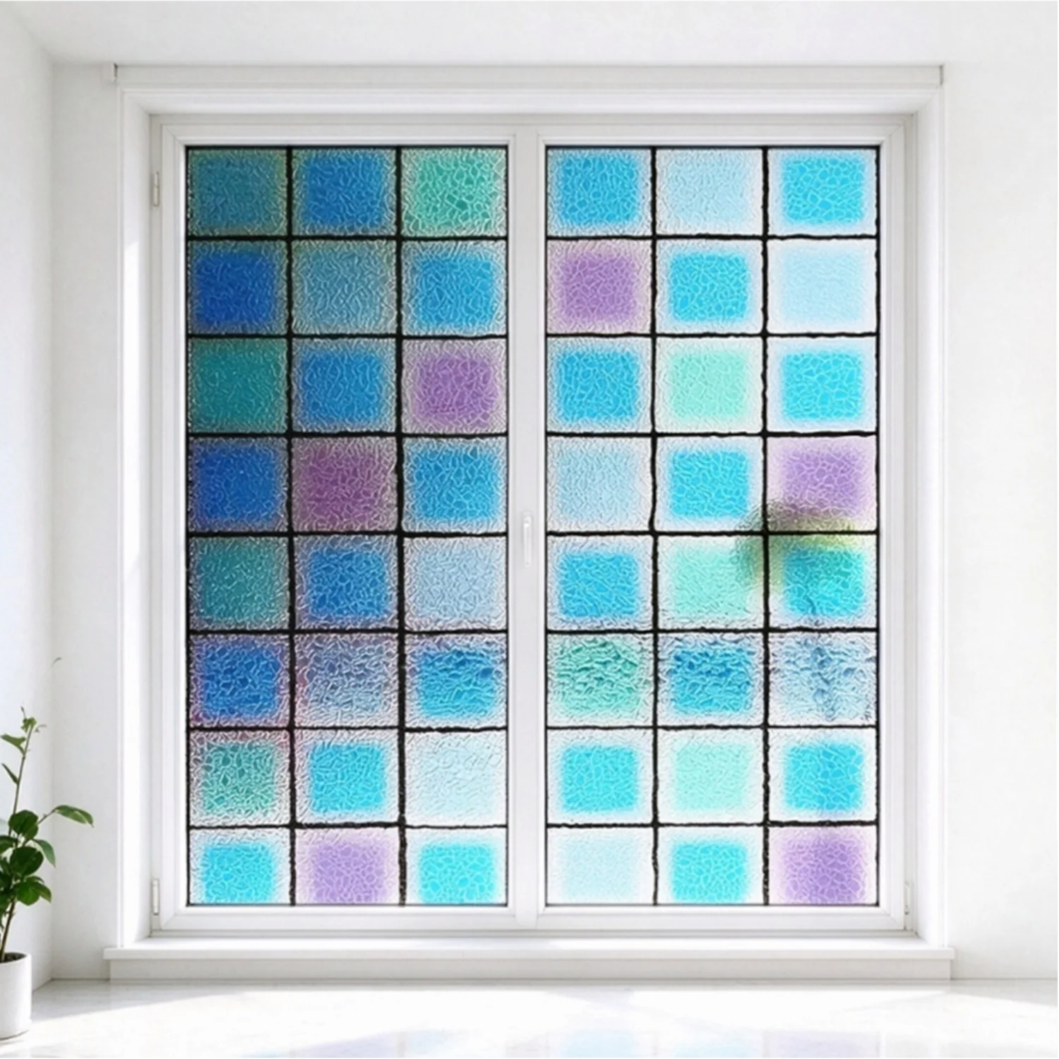 Blue Square Mosaic 3D Embossed Static Cling Window Film Non-Adhesive Decorative Glass Film Privacy Light Filtering Window Cover