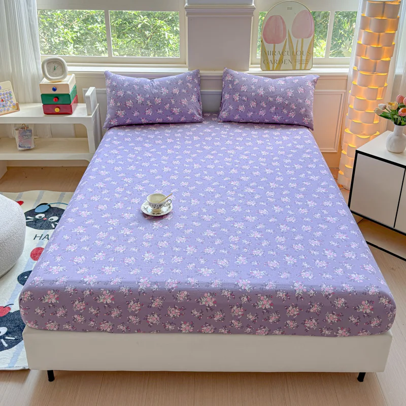Sábana bajera con estampado de flores moradas, Sábana de gasa de doble capa con elástico individual/Queen/King Size sabanas de invierno térmicas