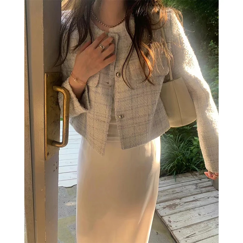 

Elegant Pink Tweed Jacket Women Vintage Cropped Commute Coats Fall Winter Office Ladies Korean Single Breasted Short Outerwears