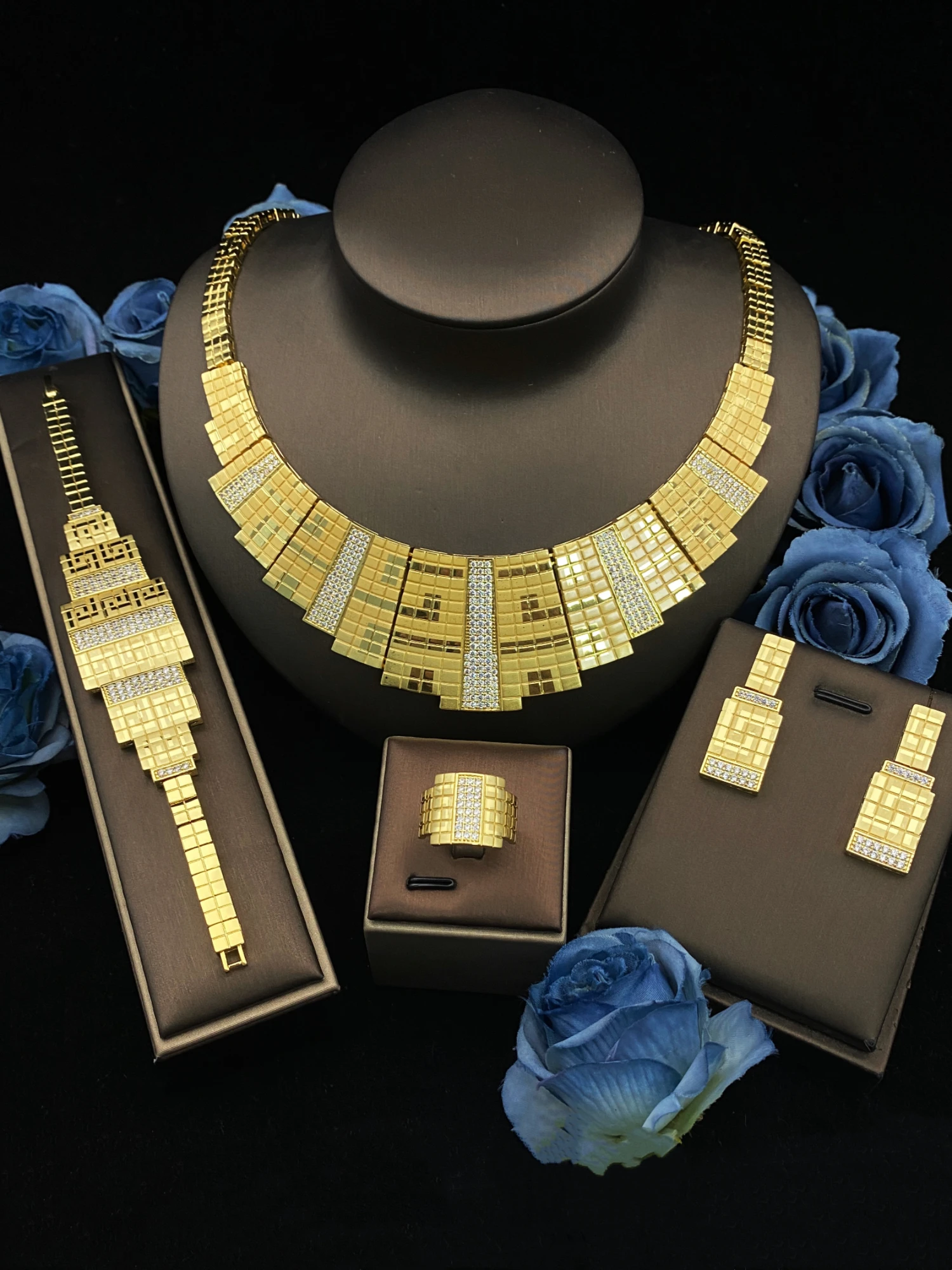 JRH Bridal 4Pcs Women Luxury Jewelry Set Zirconia Gold Plated Necklace Earrings Bracelet Ring African Dubai Wedding Gift