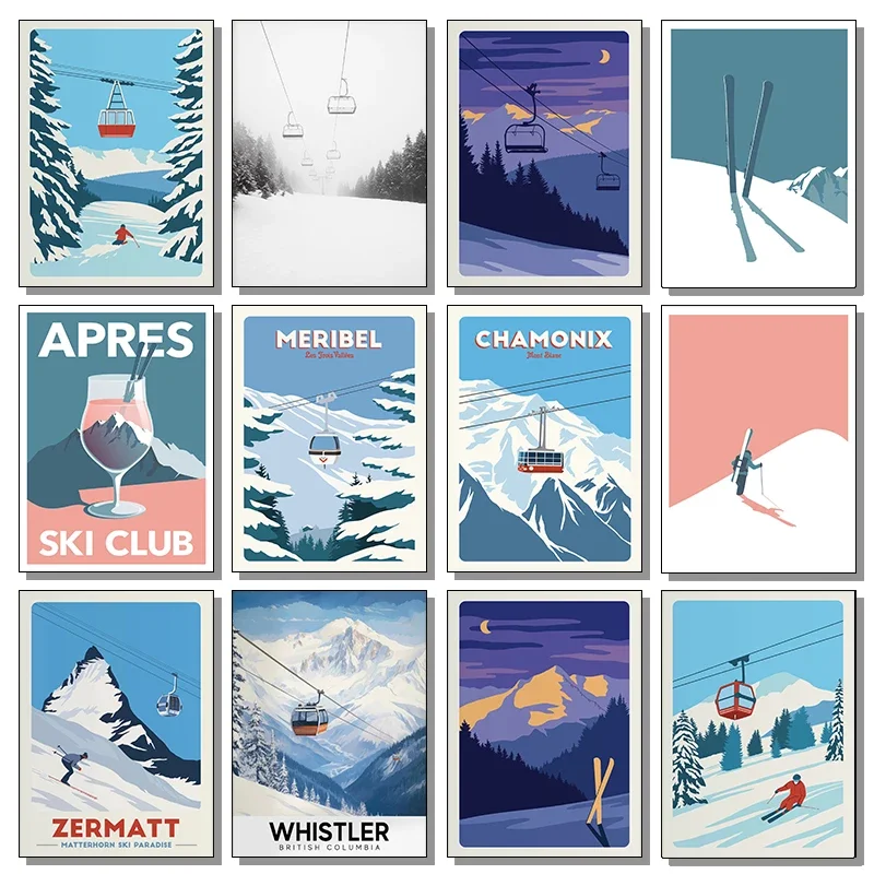 1pc frameless Canvas Painting Vintage Minimalist Ski Snowboard Snow Mountain Ski Lift Poster Canvas Painting Wall Art Pictures f