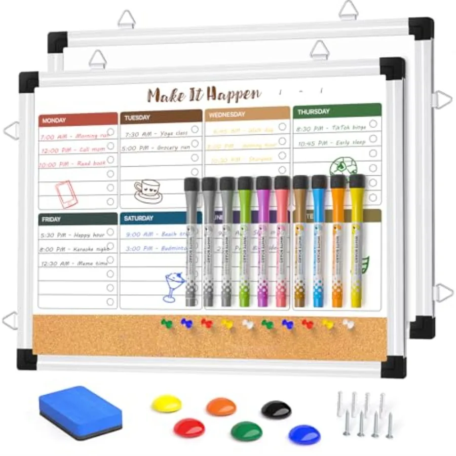 

Настенная комбинированная доска для сухого стирания и пробковая доска 17x13 дюймов, двусторонняя, подвесная, с двумя сторонами для сухого стирания и пробковой стороной.