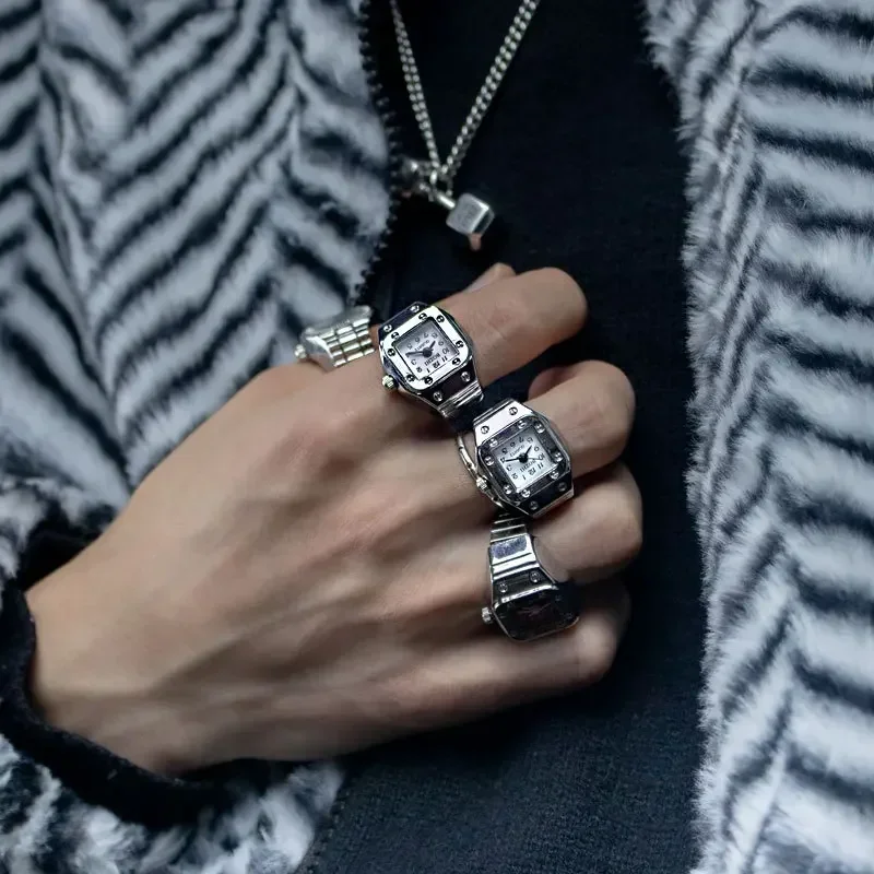 패션 미니 쿼츠 시계 반지 남녀 공용 탄성 스트랩 펑크 고딕 커플 로마 반지 쥬얼리 선물