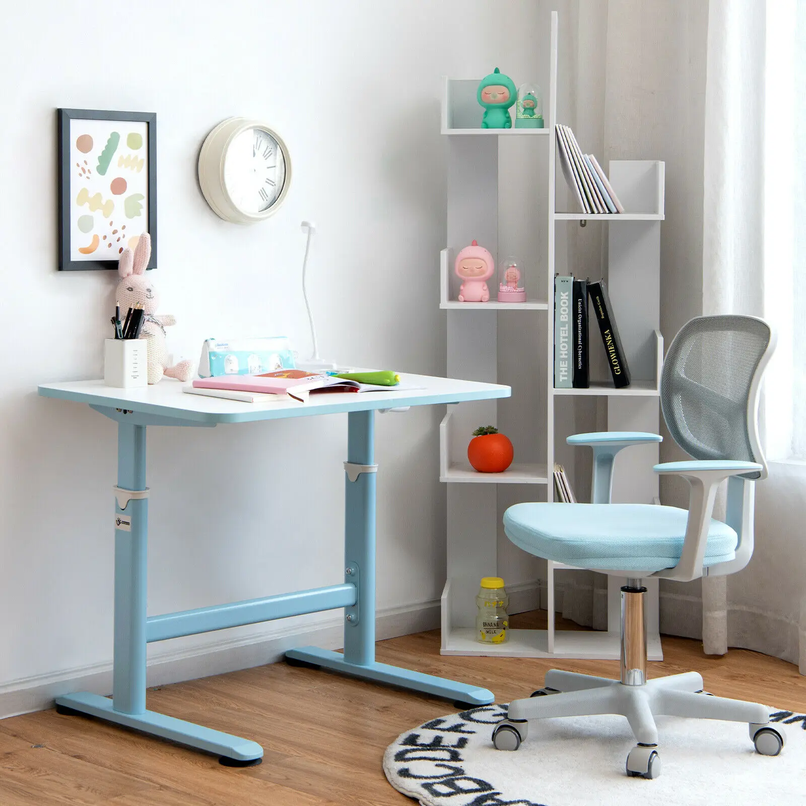 Costway ความสูงปรับเด็กโต๊ะนักเรียน Ergonomic Study Workstation สีฟ้า HY10039BL