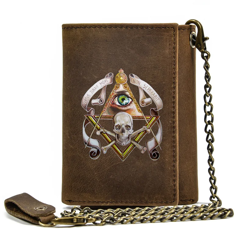 Luxury Men Genuine Leather Wallet With Iron Chain Masonic Eye of God Skull Printing Card Holder Short Purse Key Bag BT463