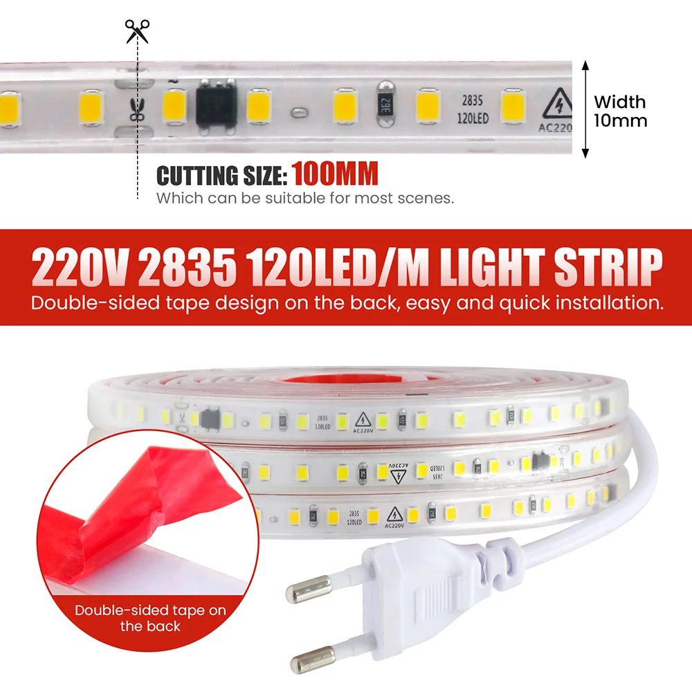 Ściemnialna taśma LED 220 V 2835 z przełącznikiem ściemniacza Taśma samoprzylepna Wodoodporna 0,5 m 2 m 5 m 20 m 50 m 100 m 120 diod LED/m