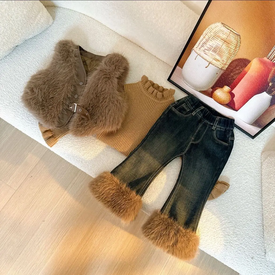 

Elegance Winter Childent Warm Girls Artificial fur Thick Vest Waistcoat+Sweater +Jean Pants 3Pcs Cotton Suits Party Clothes