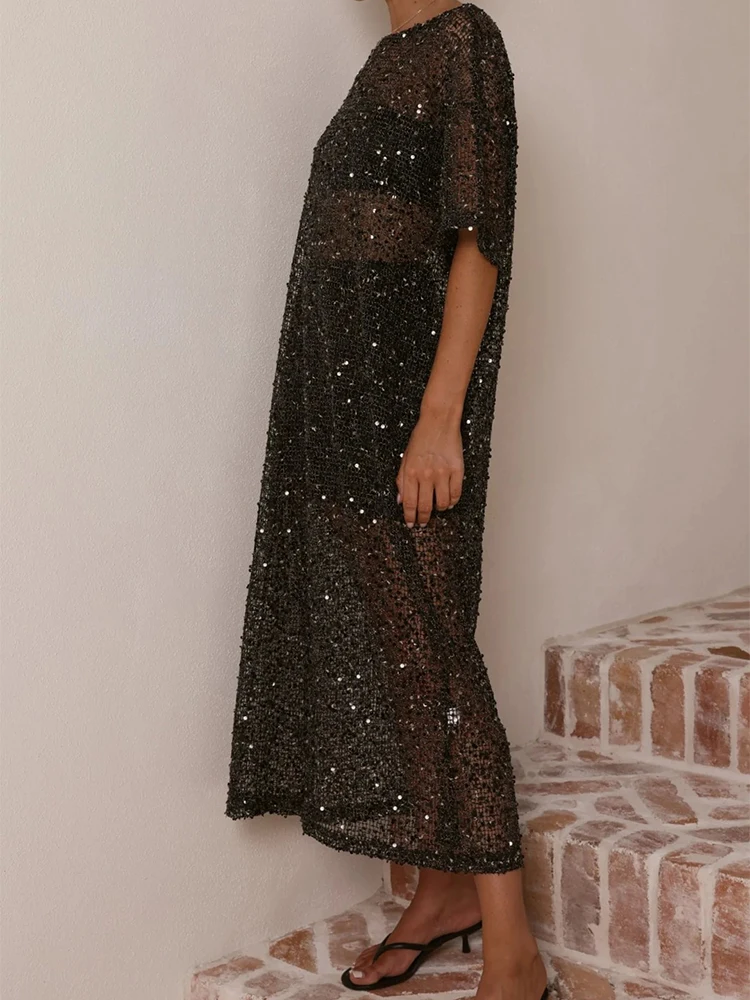 

Casual Hollowed Out Beach Cover Up Maxi Dresses Sequin Knitted Short Sleeved Holiday Dress Female O-neck Loose Summer Long Dress