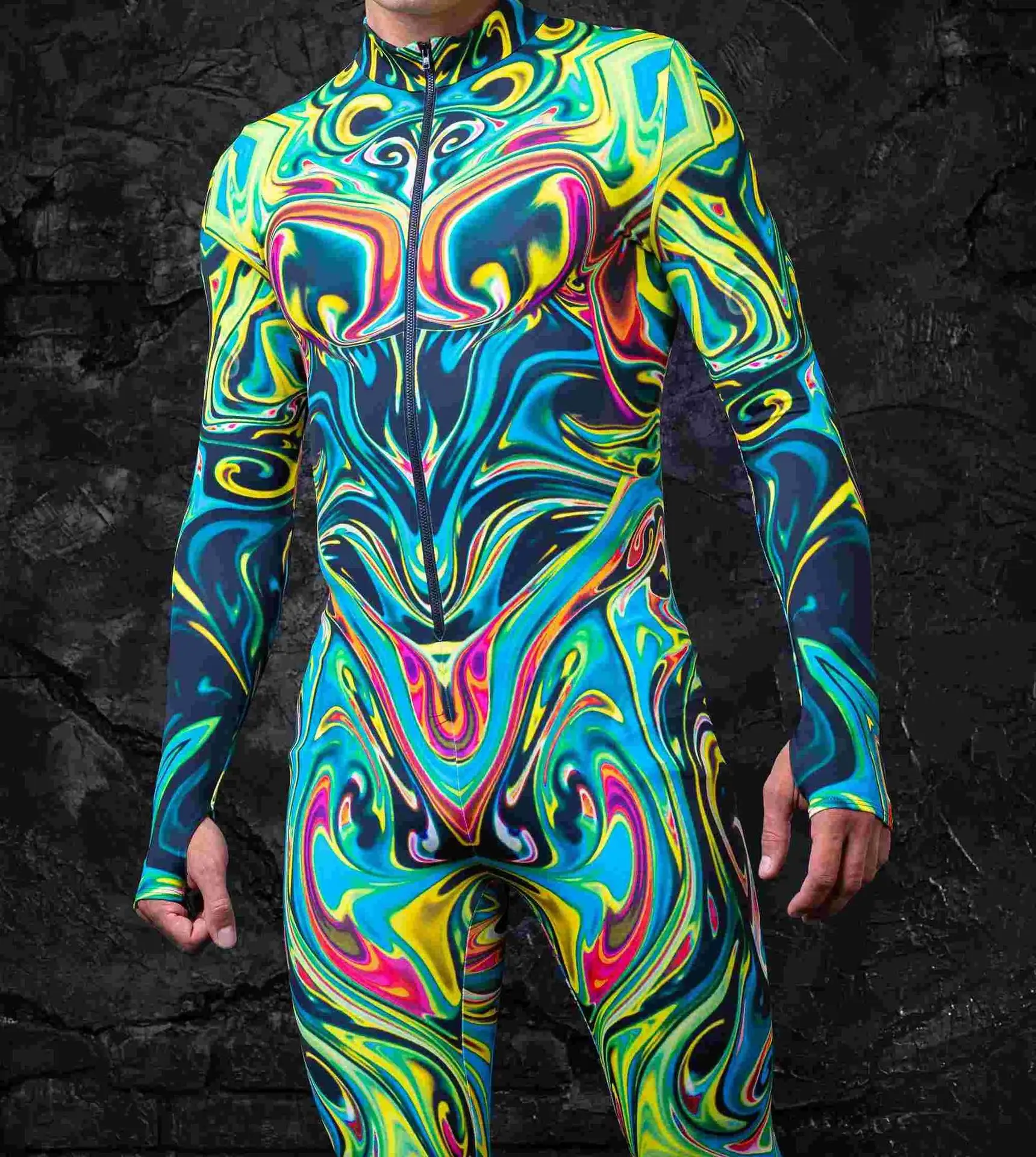 Men Halloween Cosplay Costume Carnival Cyberpunk Steampunk Artistic Pattern Sexy Slim Jumpsuit Performance Zentai Suit Bodysuit