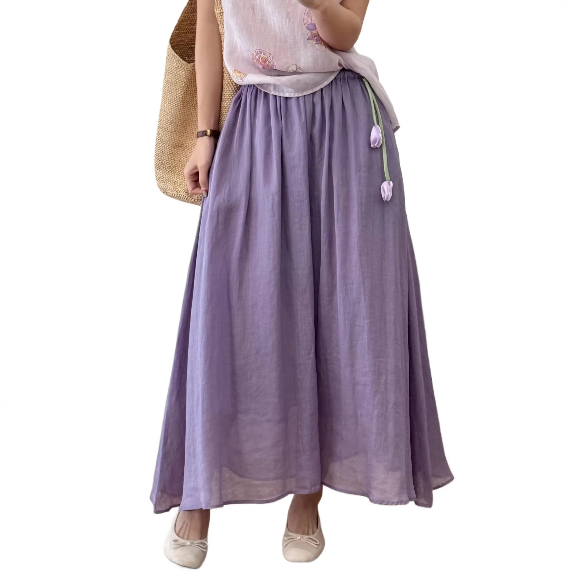 Women Vintage Ramie Skirt Wide Elastic Waistband Flower Pendan Big Swing Skirt Summer New Solid Color Long Skirts