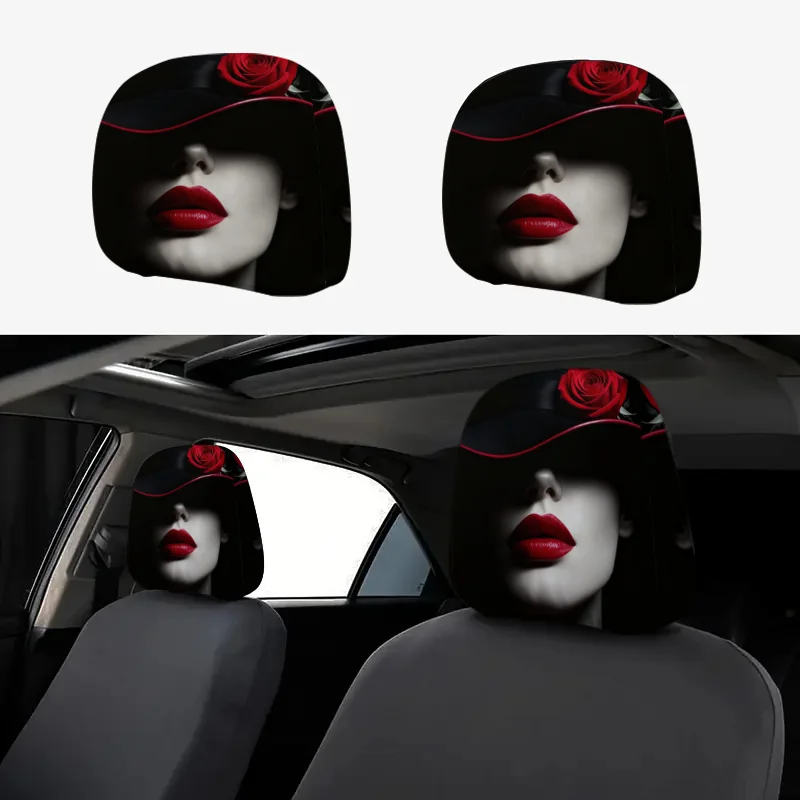 

Чехол на подголовник автомобиля с принтом красных губ и черной шляпы, защитный, подходит для путешествий и повседневного декора салона автомобиля