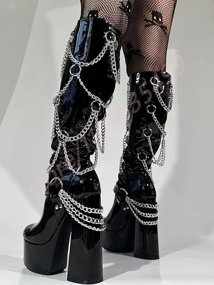 Botas Punk con plataforma de charol para mujer, botines informales de tacón alto grueso para fiesta a la moda, botas redondas sexys para motocicleta Street Rock 2025