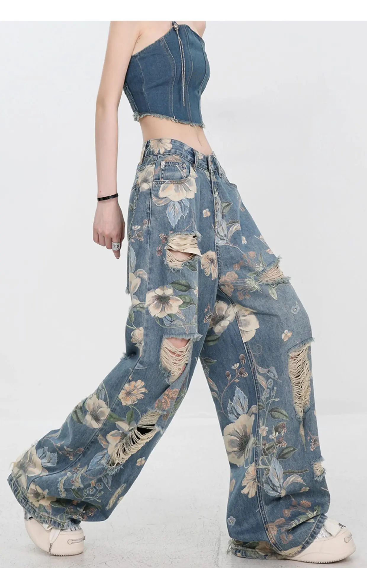 

American Retro Floral Print Ripped Jeans Women High Waist Straight Leg Palazzo Pants Summer Thin Stretch Denim Streetwear Y2K
