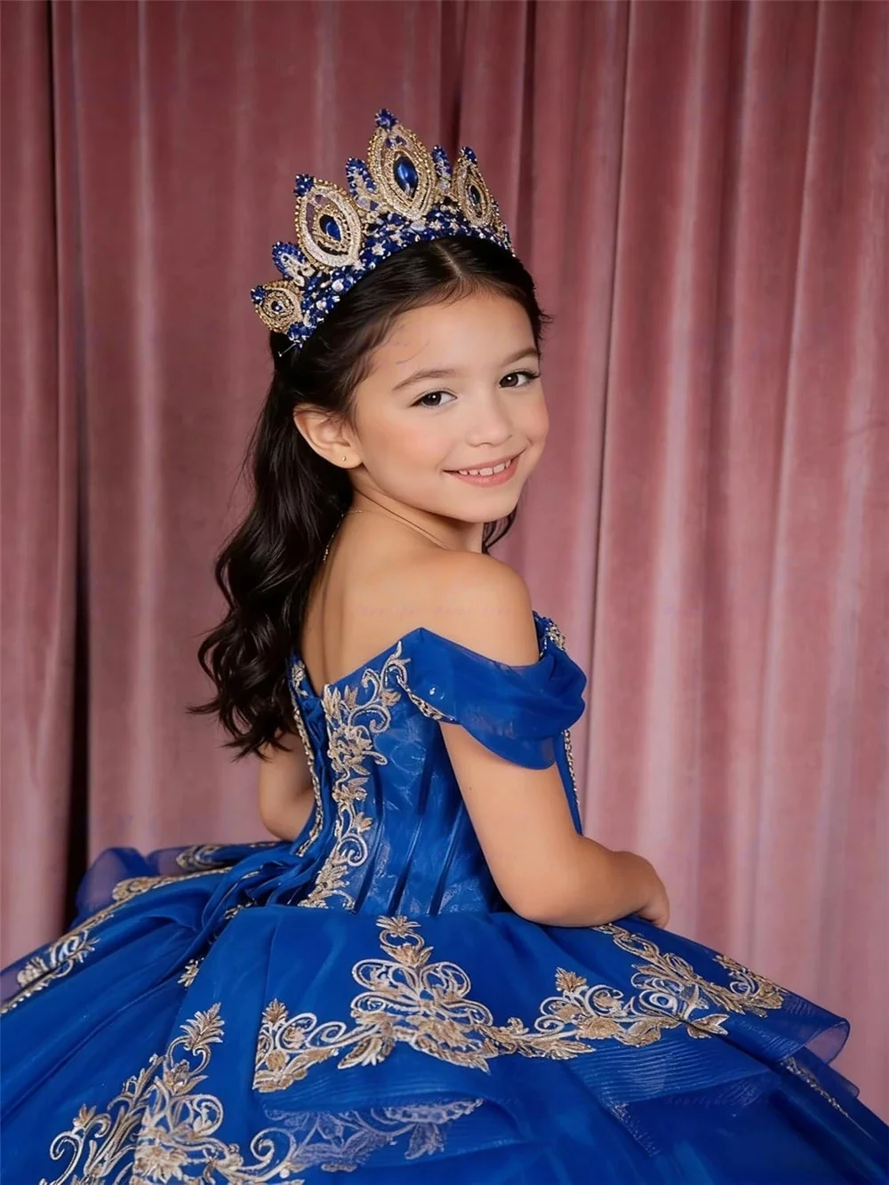 Custom Girls Luxury Off Shoulder Gold Embroidered Ball Gown Flower Girl Dress Wedding Party Gown Birthday Party Pageant Runway